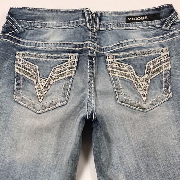 VIGOSS The Chelsea Denim CAPRI Skimmer Sz 5/6 Distressed Embellished Crop Jeans - Picture 1 of 15